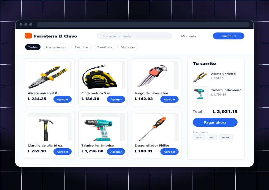 Maqueta de una tienda en línea con productos, carrito y formas de pago